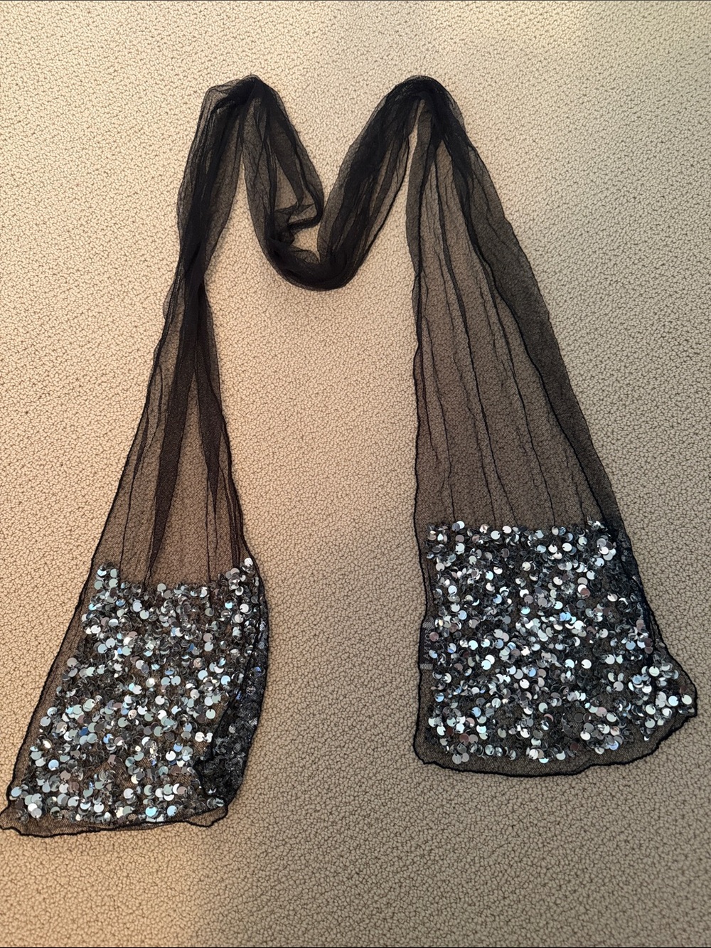 Moyna Black Sheer Scarf with Silver Sequin Ends
